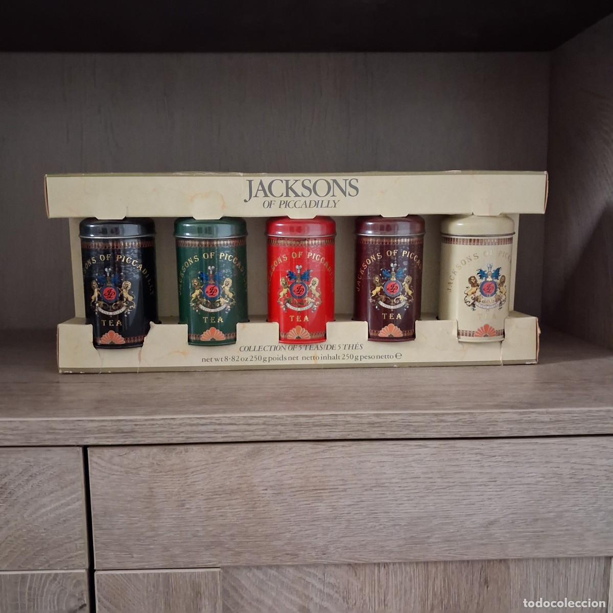 Coleccionismo: Lote vintage expositor con 5 latas met&aacute;licas de T&eacute; Jacksons of Piccadilly. Inglaterra a&ntilde;os 70/80