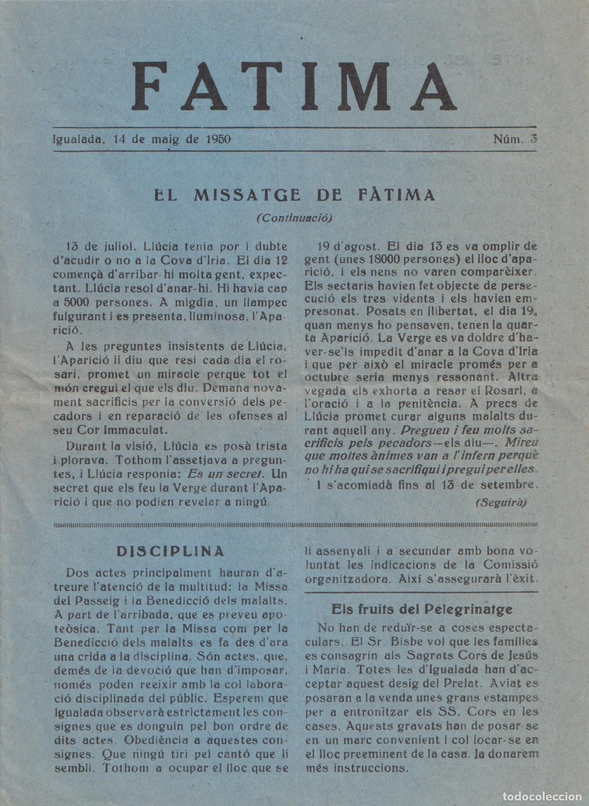 Sammelleidenschaft Papier: F&Aacute;TIMA - 2 BUTLLET&Iacute;NS EDITATS A IGUALADA PER DIFONDRE ELS ACTES RELIGIOSOS, MISSES O INFORMACI&Oacute;.