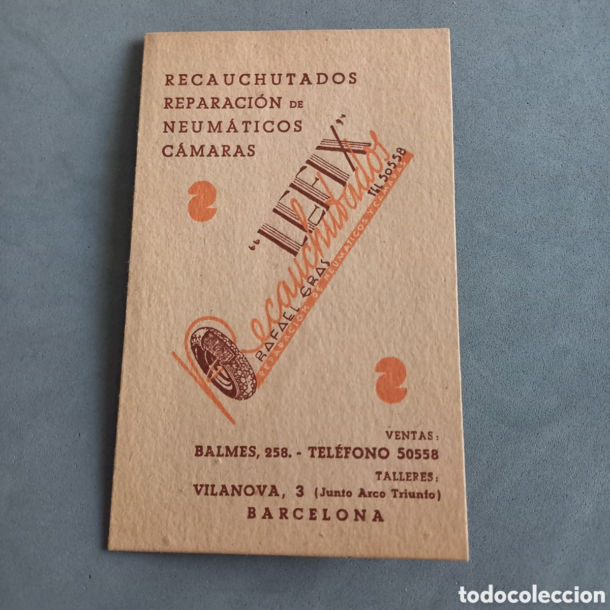 Colecionismo: Antiguo cart&oacute;n de publicidad, Recauchutados LEFIX Rafael Gras reparaci&oacute;n de neum&aacute;ticos, a&ntilde;os 10 - 20