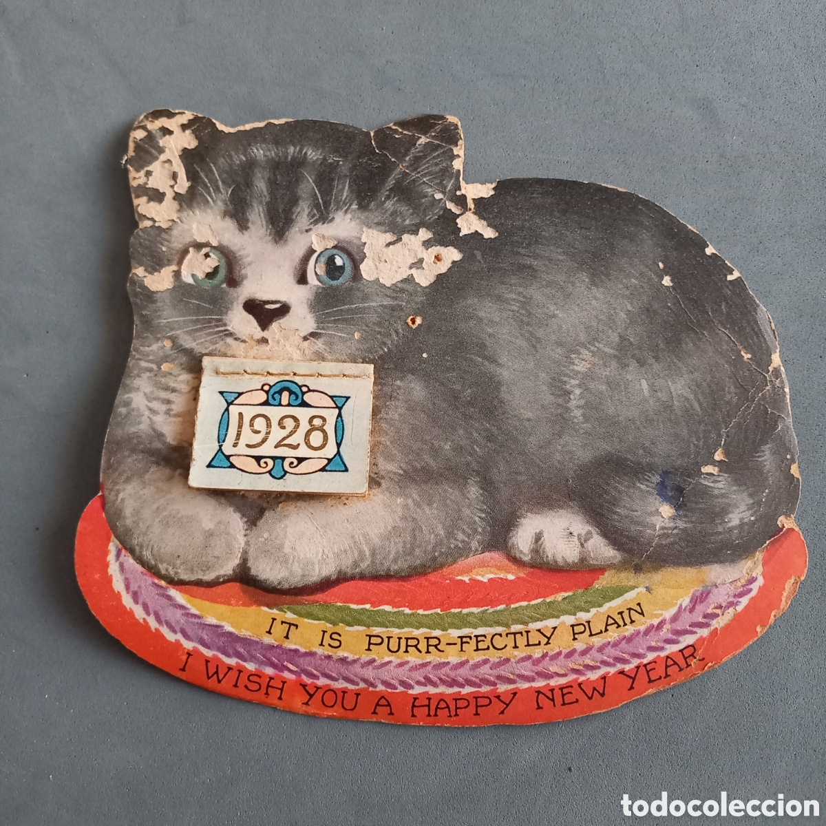 Collecting paper: Antiguo calendario del a&ntilde;o 1928 gato troquelado It is Purr-fectly Plain. I wish you a Happy New Year