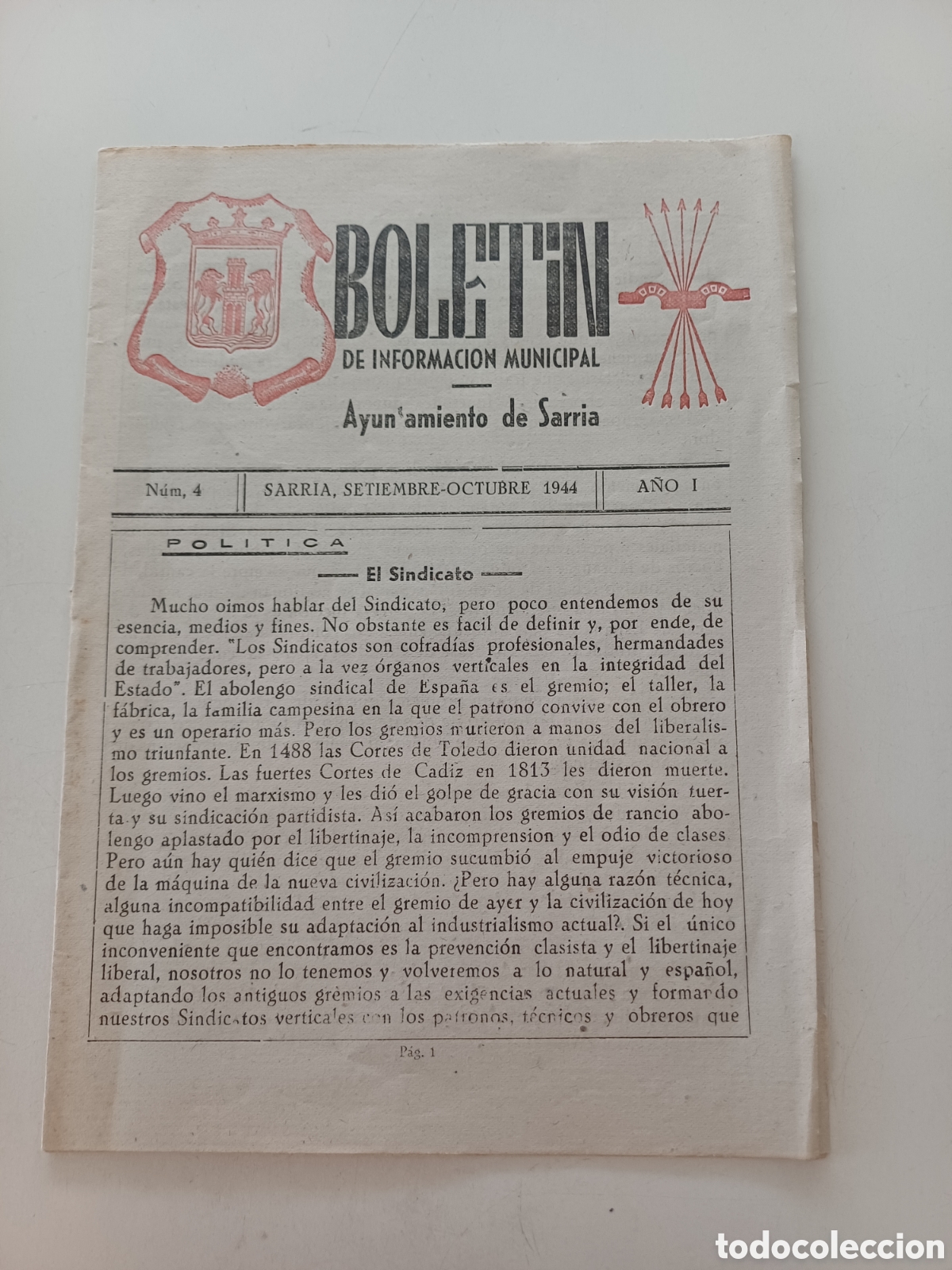 Coleccionismo: Bolet&iacute;n de informaci&oacute;n municipal Ayuntamiento de Sarria setiembre octubre 1944 a&ntilde;o 1 n&uacute;mero 4