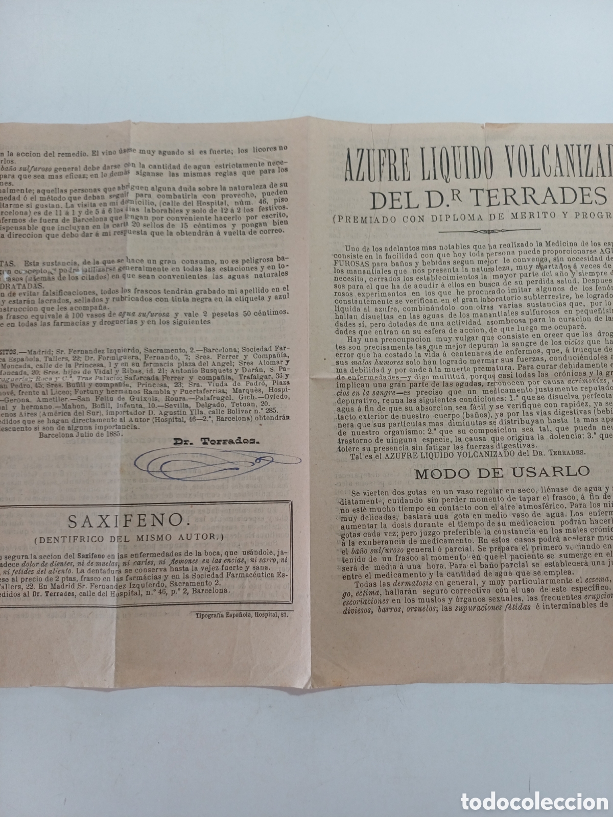 Coleccionismo: Panfleto Azufre l&iacute;quido volc&aacute;nizado del Dr Terrades 4 p&aacute;ginas 1885