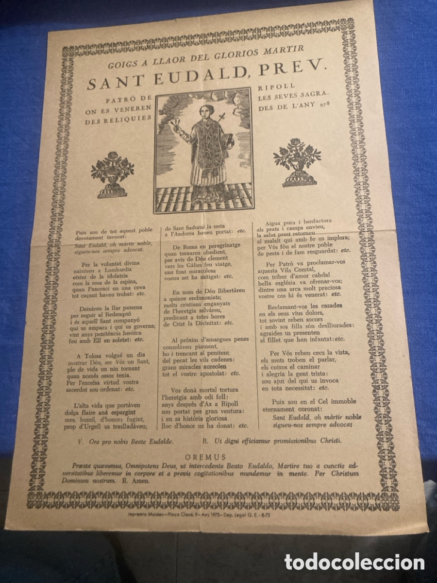 Coleccionismo: Goigs Sant Eudald patro Ripoll