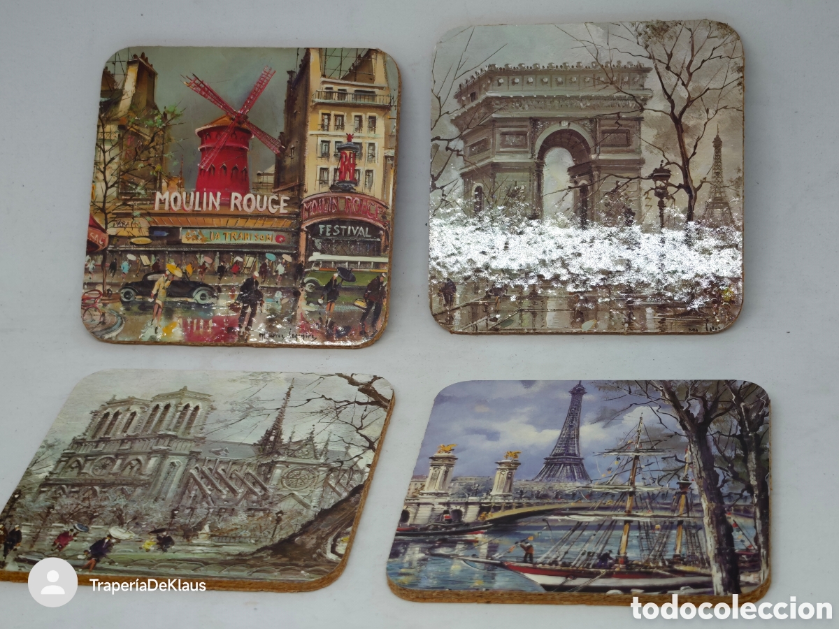 Coleccionismo: Set de 4 posavasos vintage con ilustraciones impresas de vistas de Par&iacute;s - en corcho