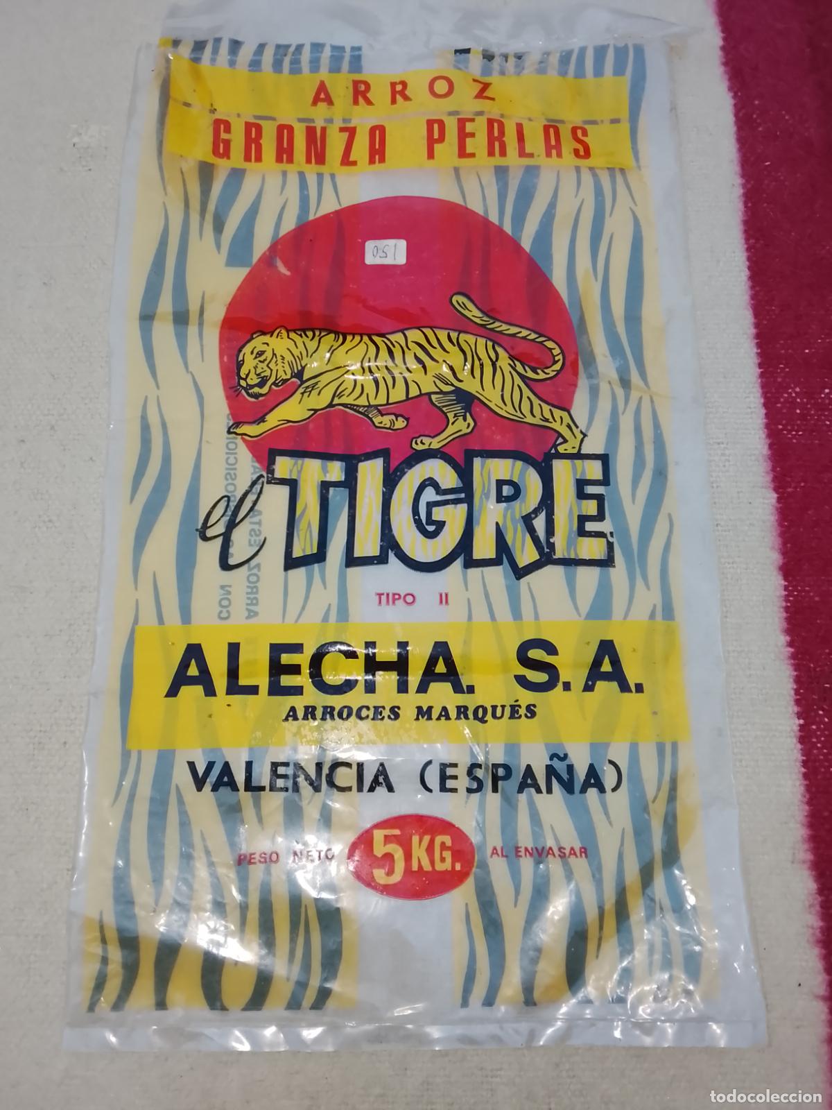 Collecting: Saco de Arroz EL TIGRE - 5 KG - Alecha S.A. Valencia-Pl&aacute;stico Vintage-Con precio manuscrito de &eacute;poca