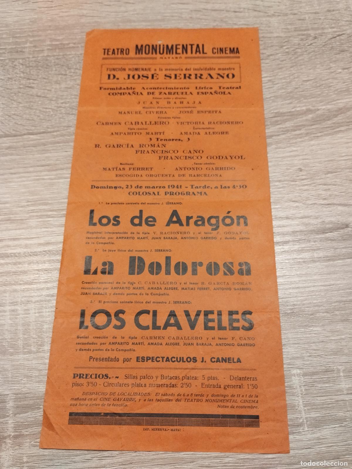 Collezionismo: TEATRO MONUMENTAL CINEMA DE MATARO. 1941. PROGRAMA DE ZARZUELAS.