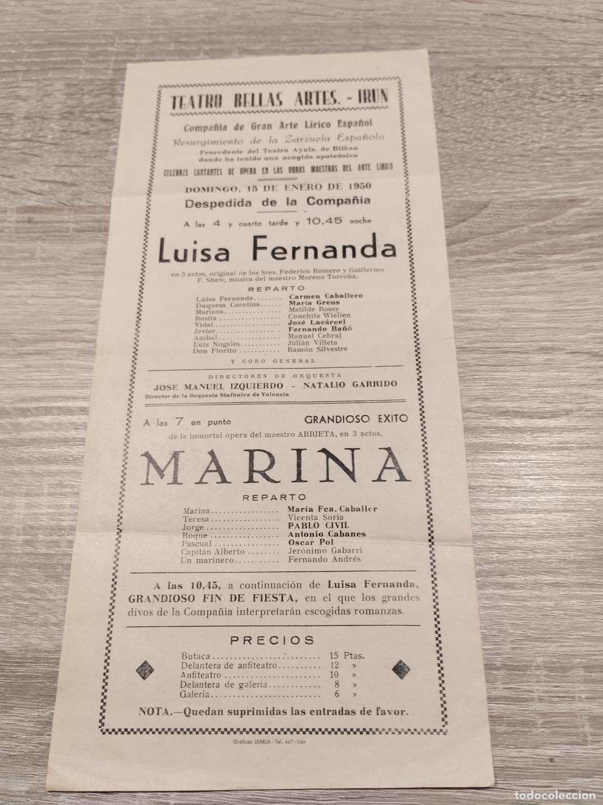 Coleccionismo: TEATRO BELLAS ARTES DE IRUN. 1950. PROGRAMA DE ZARZUELAS: LUISA FERNANDA Y MARINA.