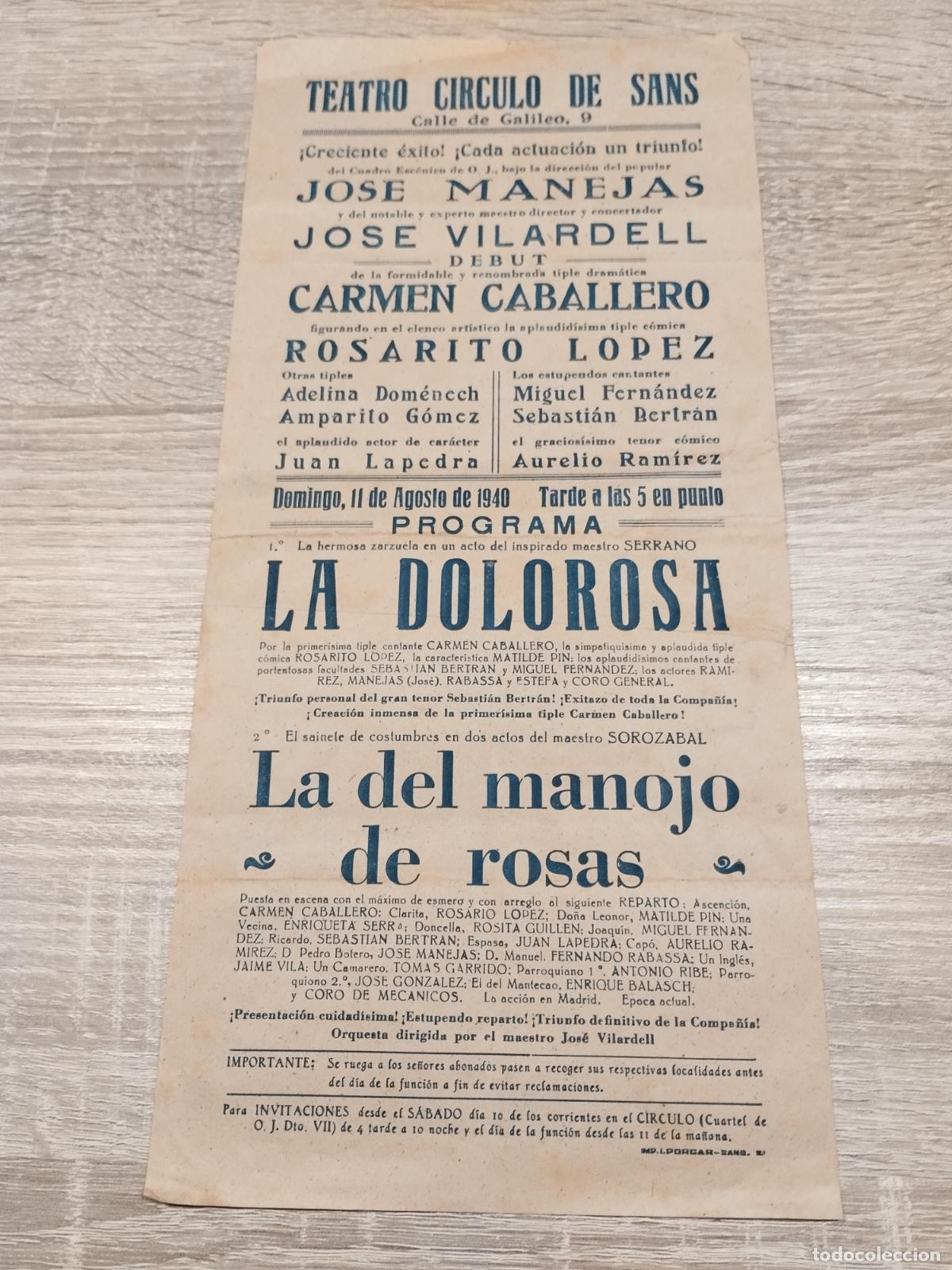 Collezionismo: TEATRO CIRCULO DE SANS. 1940. PROGRAMA DE ZARZUELAS: LA DOLOROSA Y LA DEL MANOJO DE ROSAS.