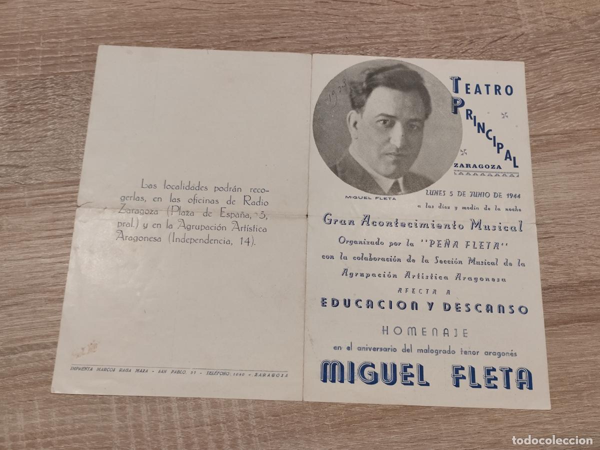 Collectionnisme: TEATRO PRINCIPAL DE ZARAGOZA. 1944. PROGRAMA MUSICAL HOMENAJE A MIGUEL FLETA.