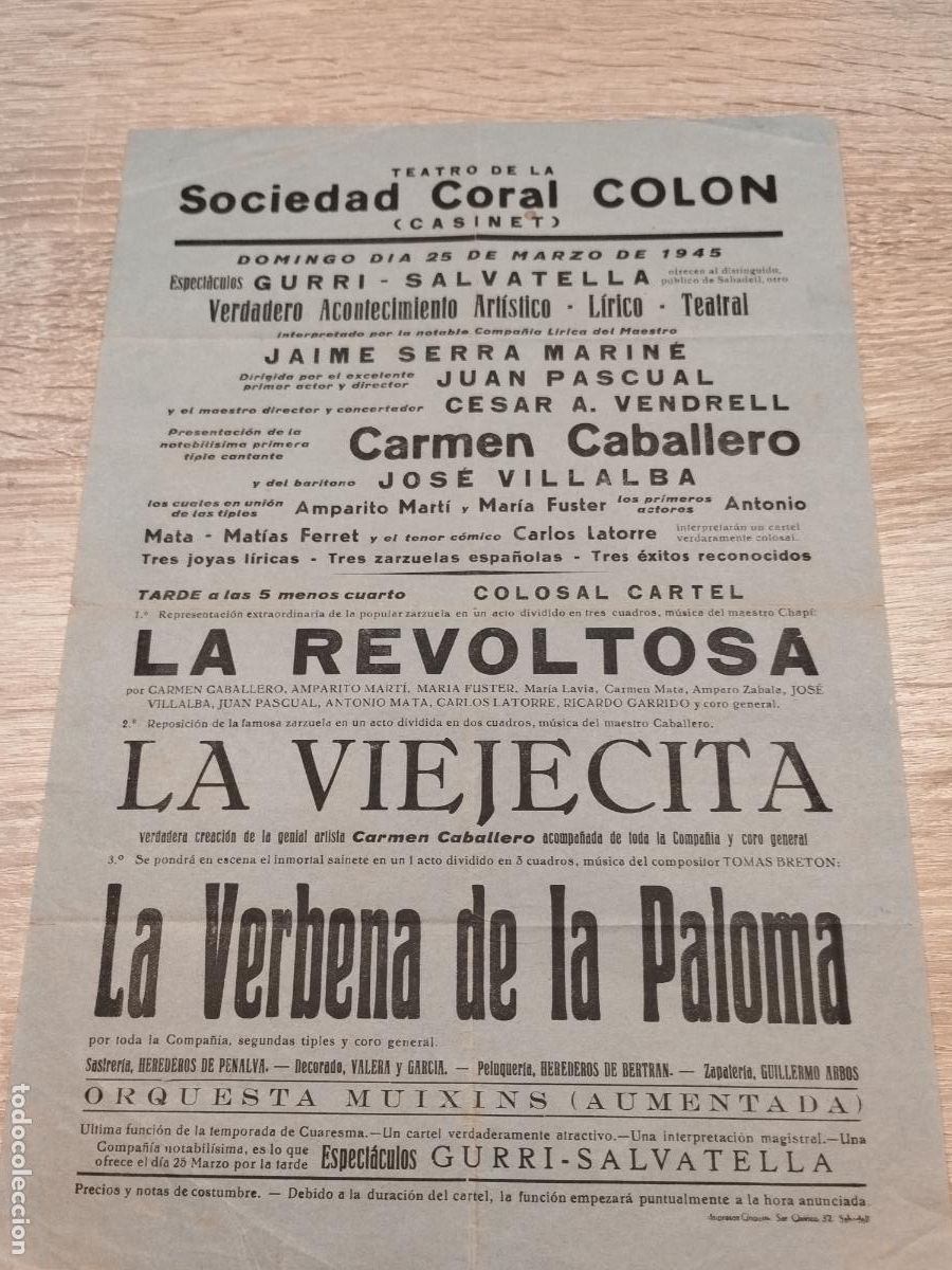 Collectionnisme: TEATRO DE LA SOCIEDAD CORAL COLON. CASINET. SABADELL. ZARZUELA. LA REVOLTOSA LA VERBENA DE LA PALOMA