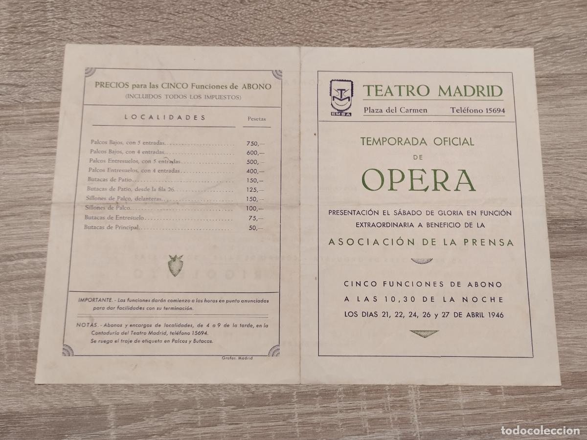 Collectionnisme: TEATRO MADRID. TEMPORADA OFICIAL DE OPERA 1946. PROGRAMA DE RIGOLETTO.