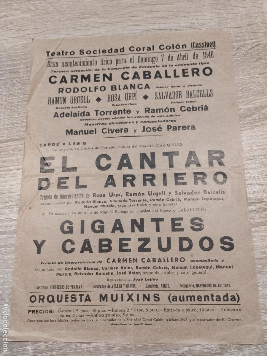 Collecting paper: TEATRO SOCIEDAD CORAL COLON. CASSINET. 1946. PROGRAM DE ZARZUELAS.