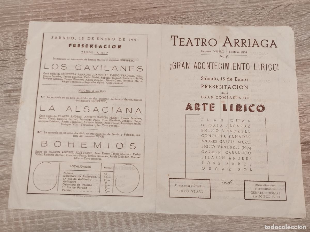 Collectionnisme: TEATRO ARRIAGA. BILBAO. PROGRAMA MUSICAL 1951. GENERO CHICO, GENERO GRANDE Y OPERETAS.
