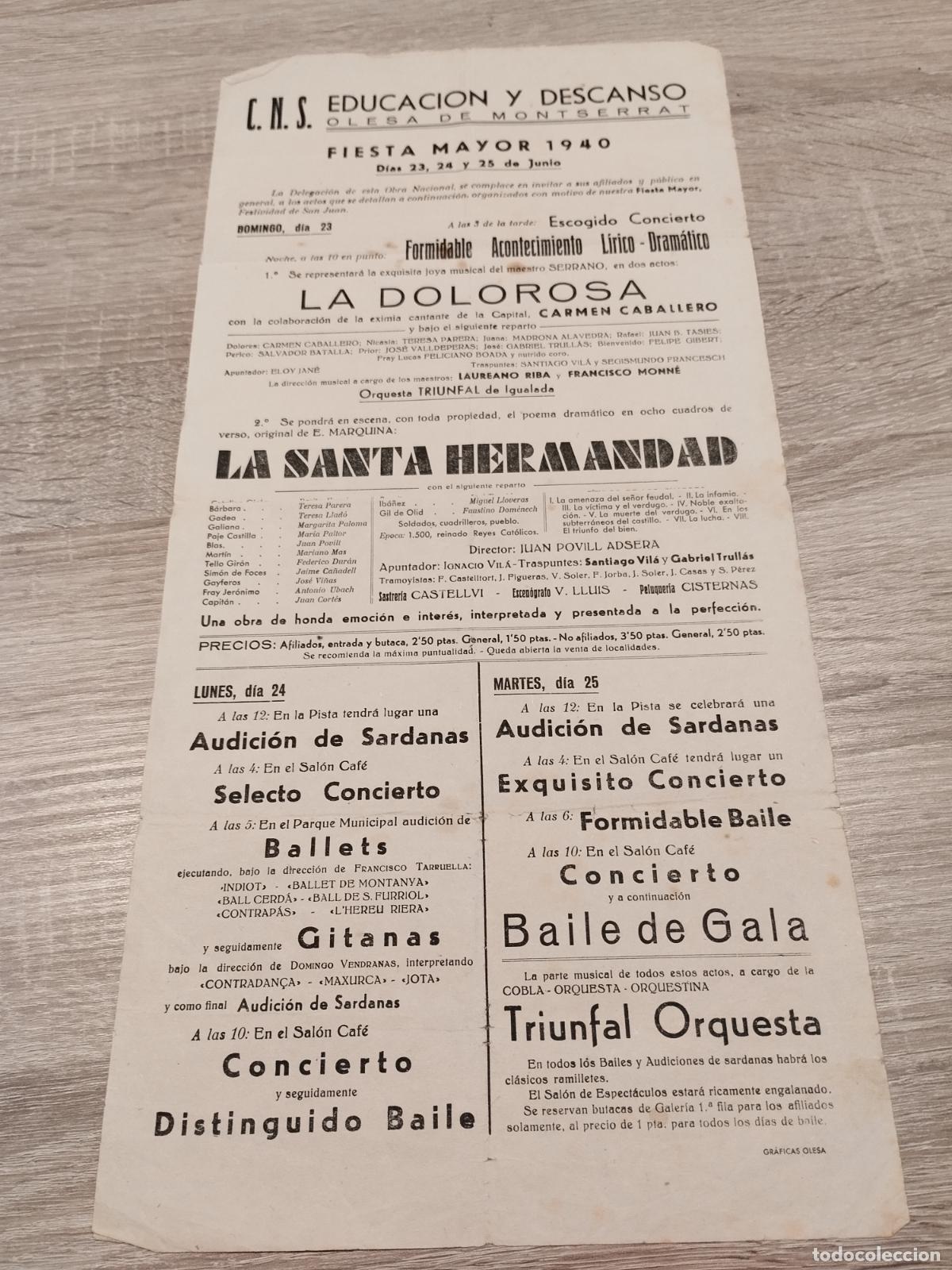 Coleccionismo: PROGRAMA MUSICAL FIESTA MAYOR DE OLESA DE MONTSERRAT. 1940. SARDANAS, BALLETS...