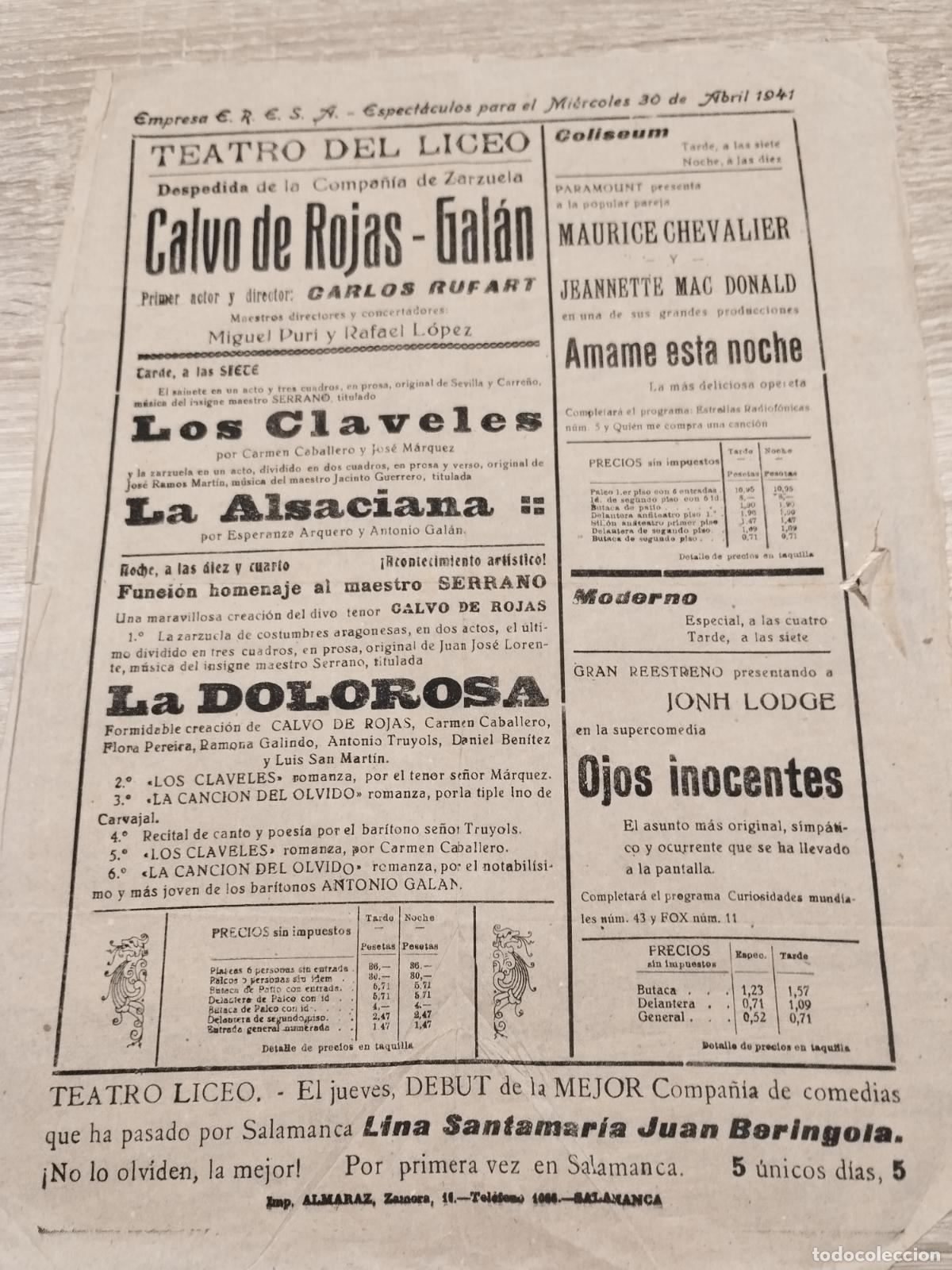 Coleccionismo: PROGRAMA DE ESPECTACULOS 30/04/1941. TEATRO DEL LICEO. BARCELONA. ZARZUELA, CINE.