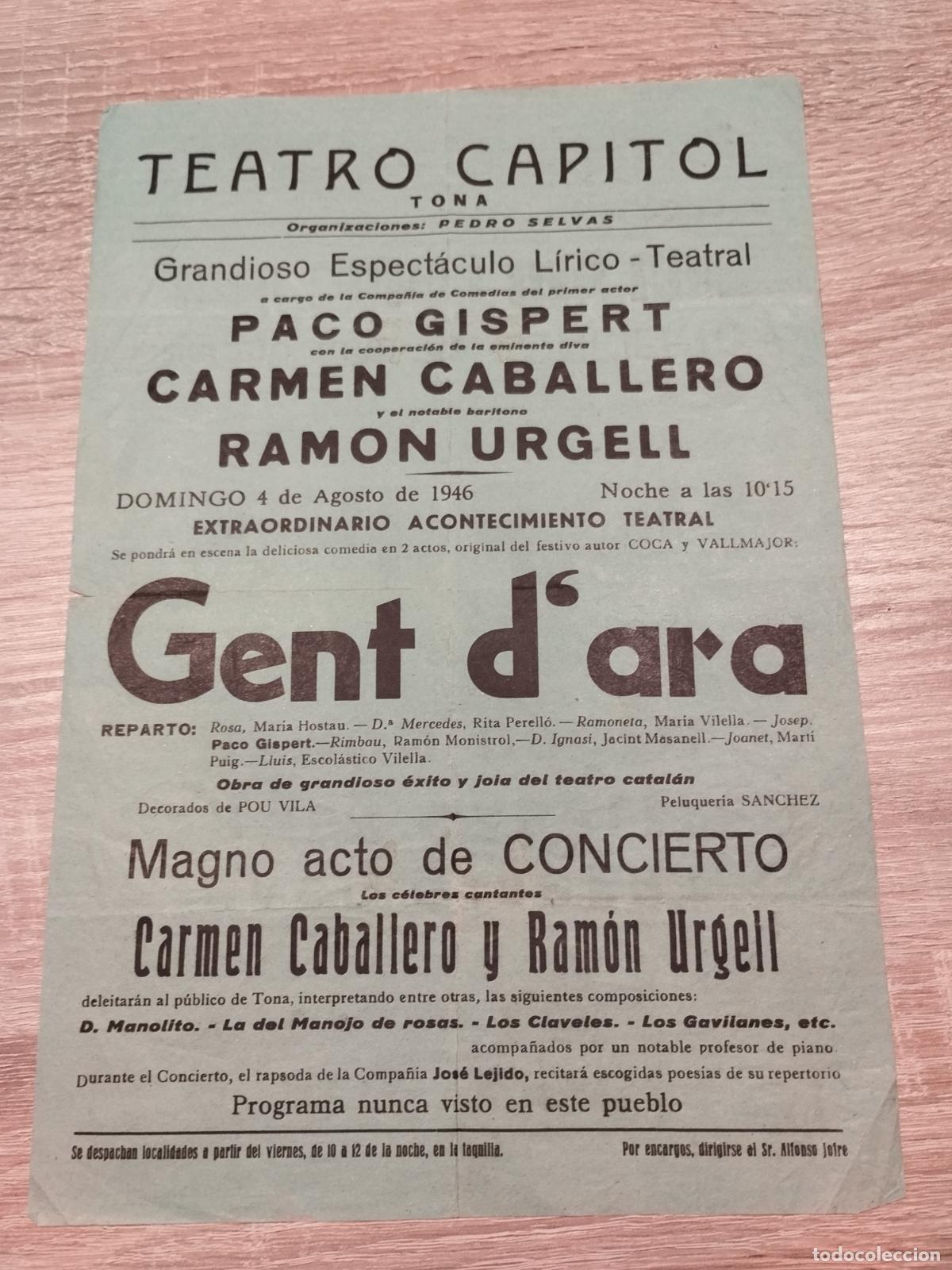 Coleccionismo: TEATRO CAPITOL. TONA. 1946. ESPECTACULO LIRICO TEATRAL