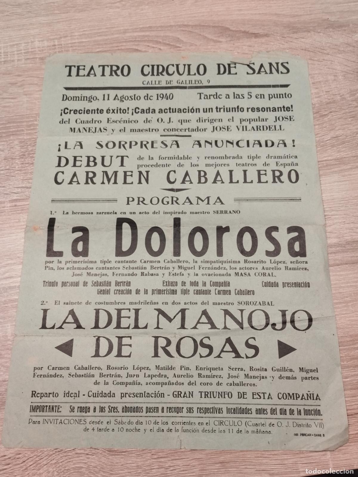 Coleccionismo: TEATRO CIRCULO DE SANS. CARTEL PROGRAMA 11/08/1940. ZARZUELA.