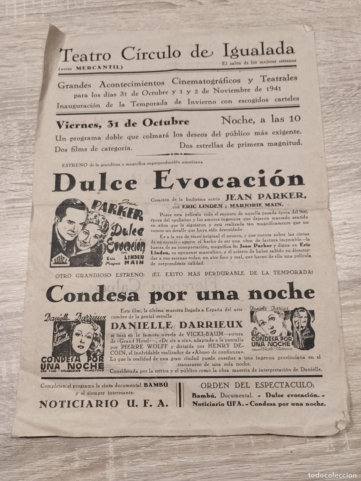 Coleccionismo: TEATRO CIRCULO DE IGUALADA. 1941. ACONTECIMIENTOS CINEMATOGRAFICOS Y TEATRALES.