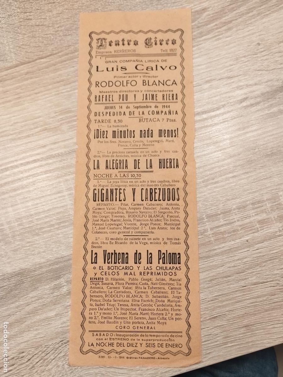Coleccionismo: TEATRO CIRCO. ALBACETE. 1944. PROGRAMA DE ZARZUELA. COMPA&Ntilde;IA LUIS CALVO