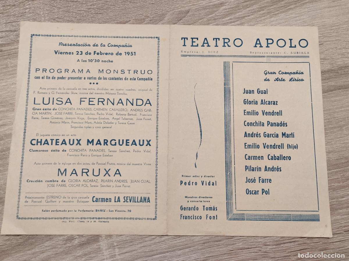 Coleccionismo: TEATRO APOLO. VALENCIA. 1951. PROGRAMA DE ZARZUELA. EN INTERIOR FOTOS DE LOS CANTANTES.