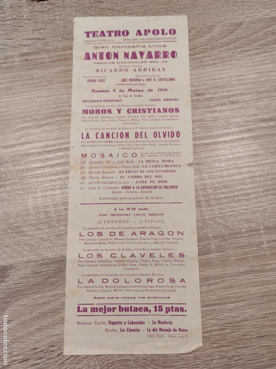 Coleccionismo: TEATRO APOLO. VALENCIA. 1956. PROGRAMA DE ZARZUELA. - Foto 1
