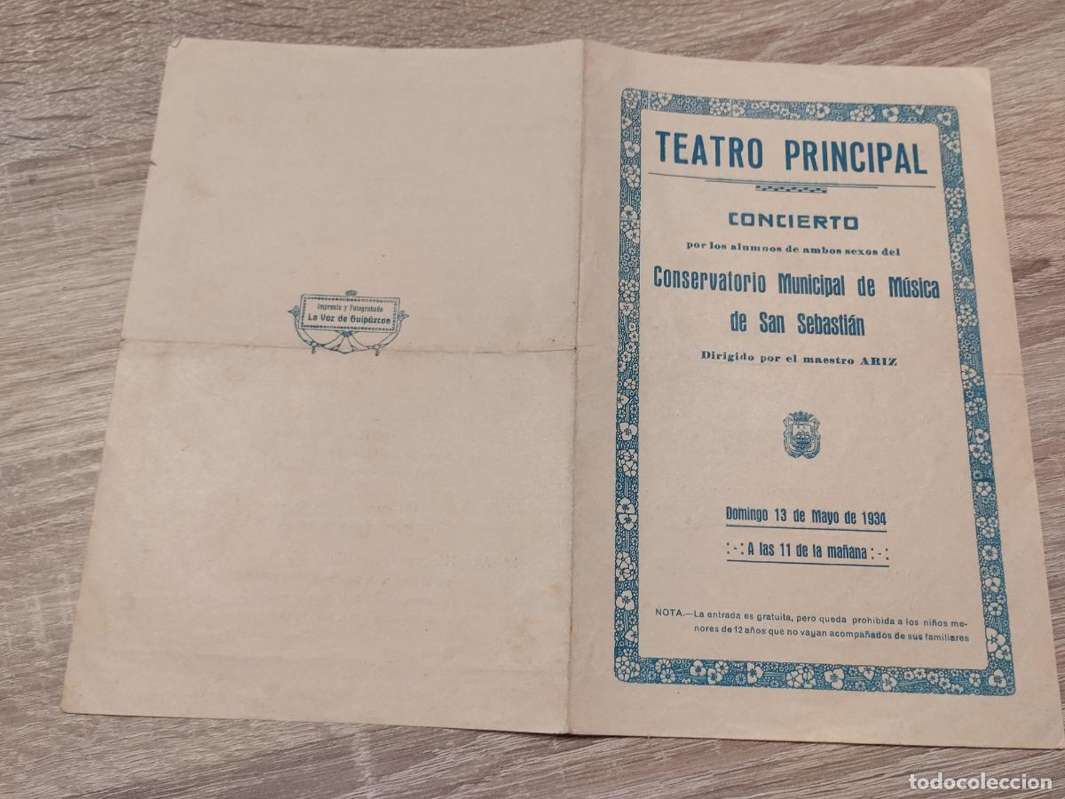 Coleccionismo: TEATRO PRINCIPAL DE SAN SEBASTIAN. 1934. CONCIERTO ALUMNOS CONSERVATORIO MUSICA SAN SEBASTIAN.