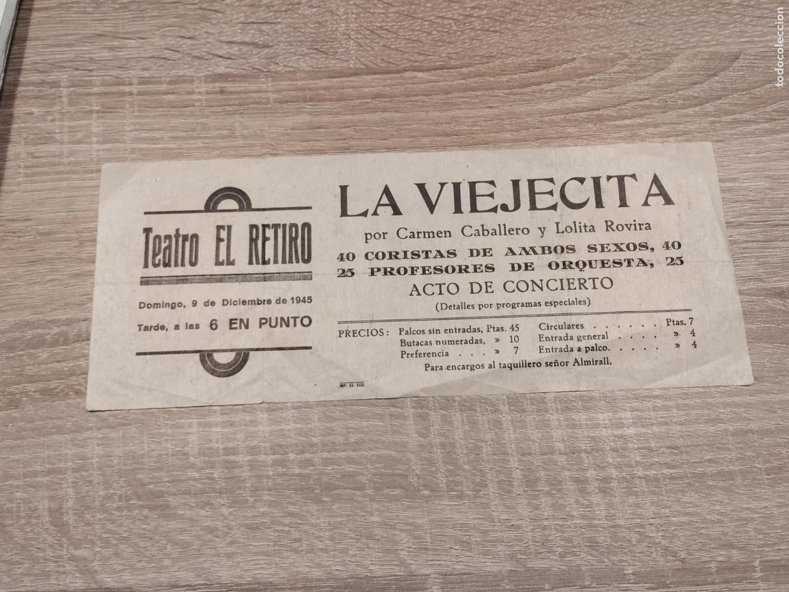 Coleccionismo: TEATRO EL RETIRO. 1945. PROGRAMA ZARZUELA LA VIEJECITA.