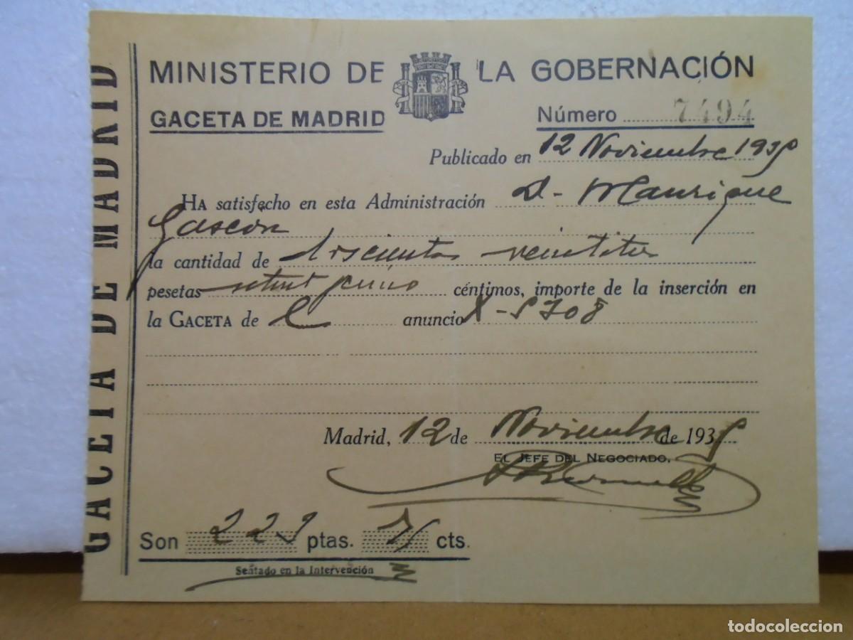 Coleccionismo: MADRID.GUERRA CIVIL.MINISTERIO DE LA GOBERNACION.INSERCION EN LA GACETA 12/11/1937.
