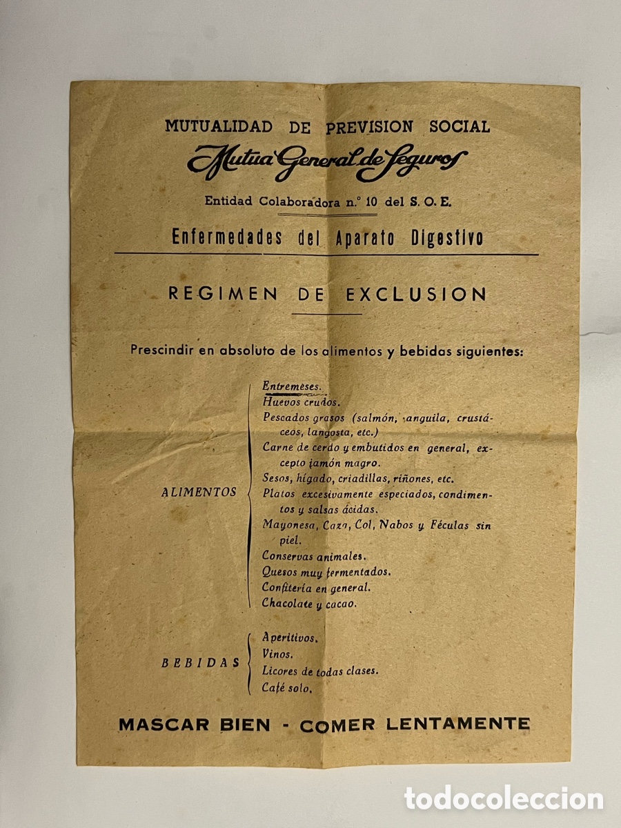 Coleccionismo: Enfermedades del Aparato Digestivo REGIMEN DE EXCLUSION. Men&uacute; recomendado (h.1956?)