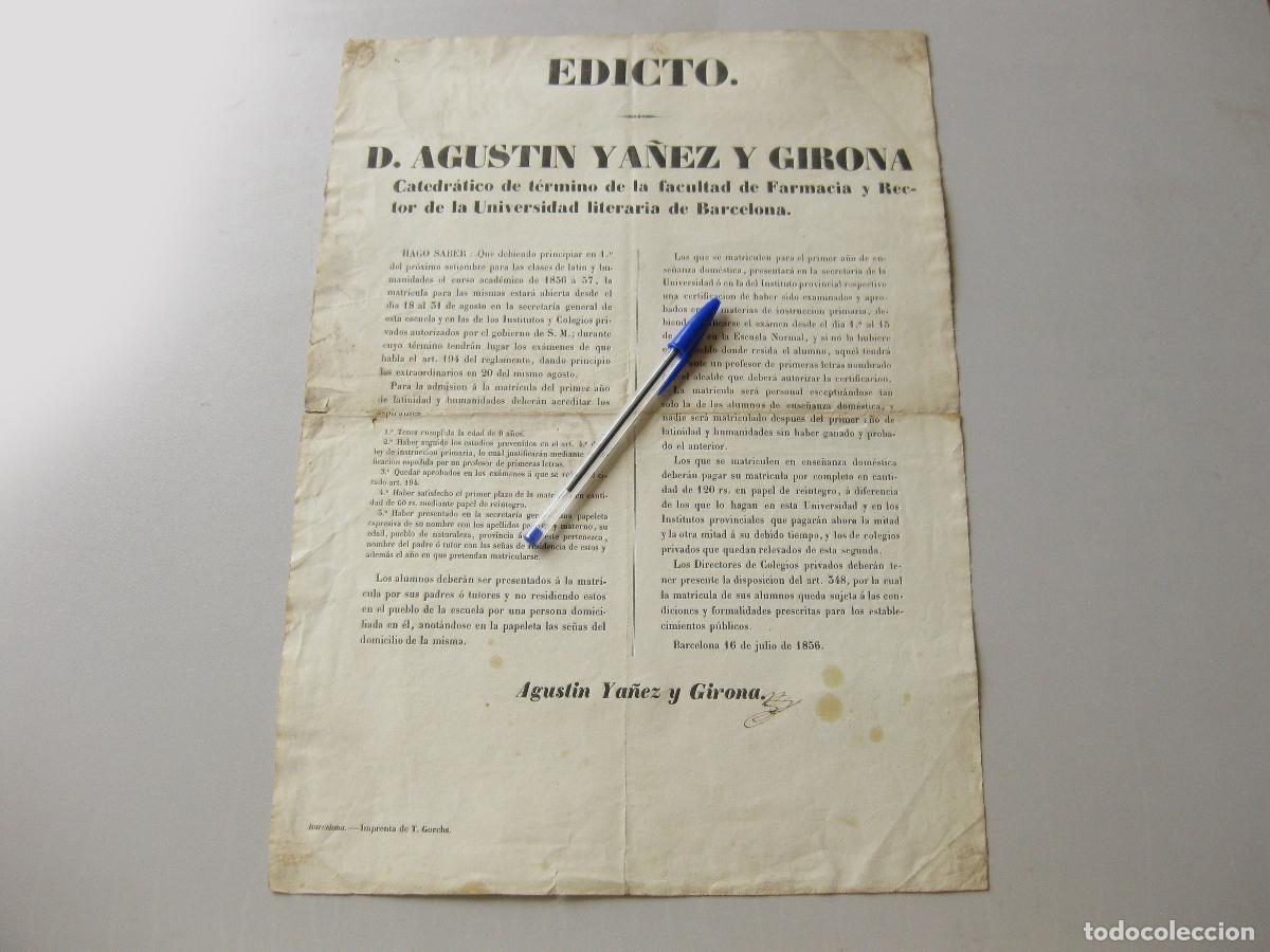 Coleccionismo: EDICTO DE D. AGUST&Iacute;N YA&Ntilde;EZ Y GIRONA. CATEDR&Aacute;TICO DE FARMACIA. BARCELONA 1856