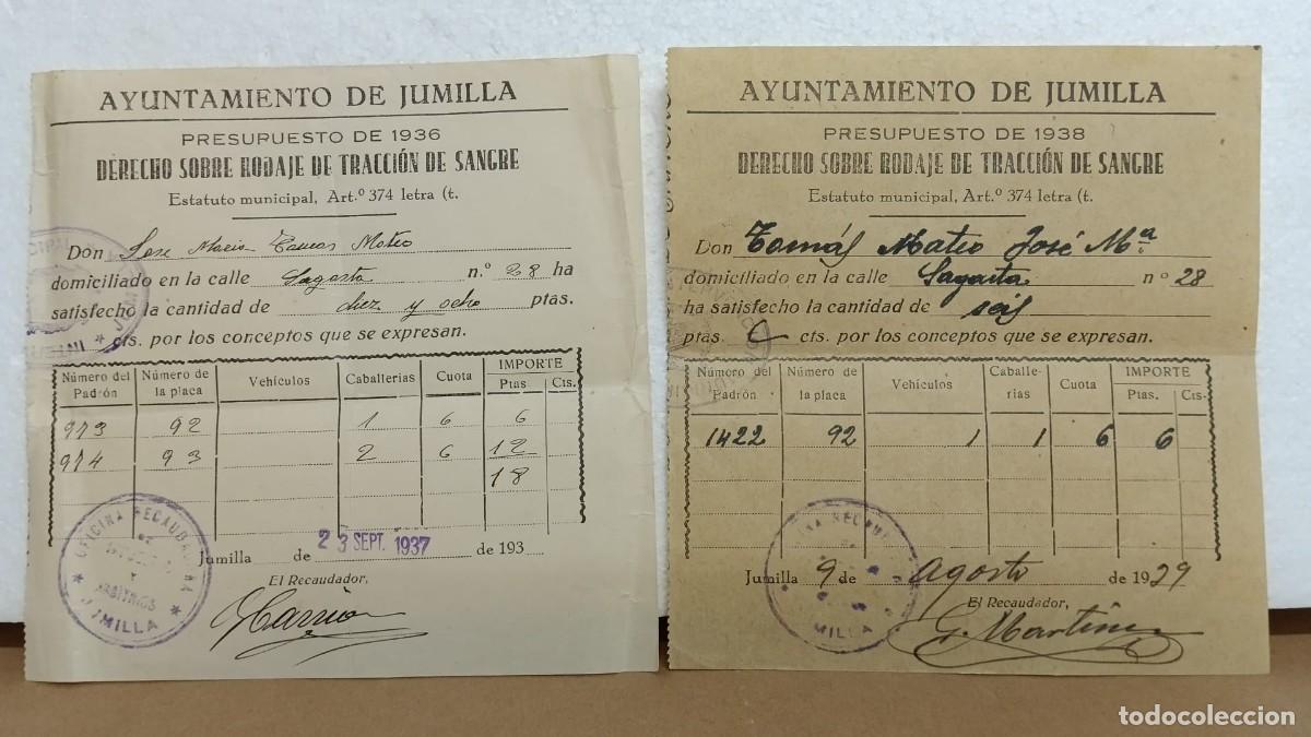 Coleccionismo: JUMILLA(MURCIA)GUERRA CIVIL. RECIBOS CONTRIBUCIONES 1937-38.