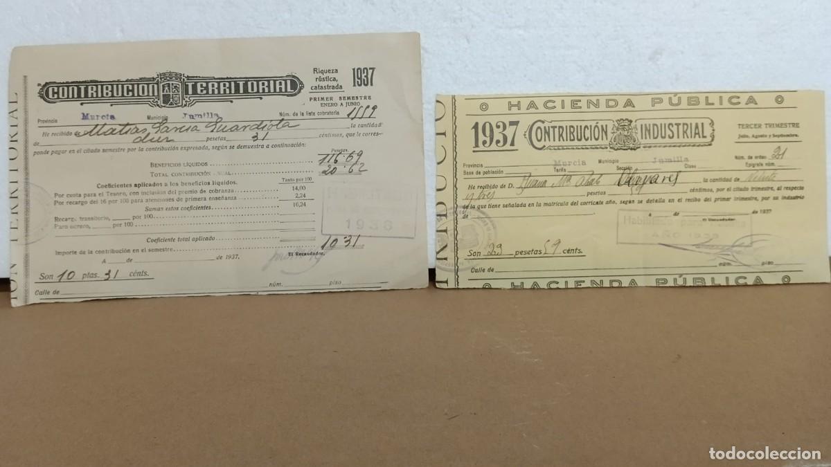 Coleccionismo: JUMILLA(MURCIA)GUERRA CIVIL. RECIBOS CONTRIBUCIONES 1937-38.