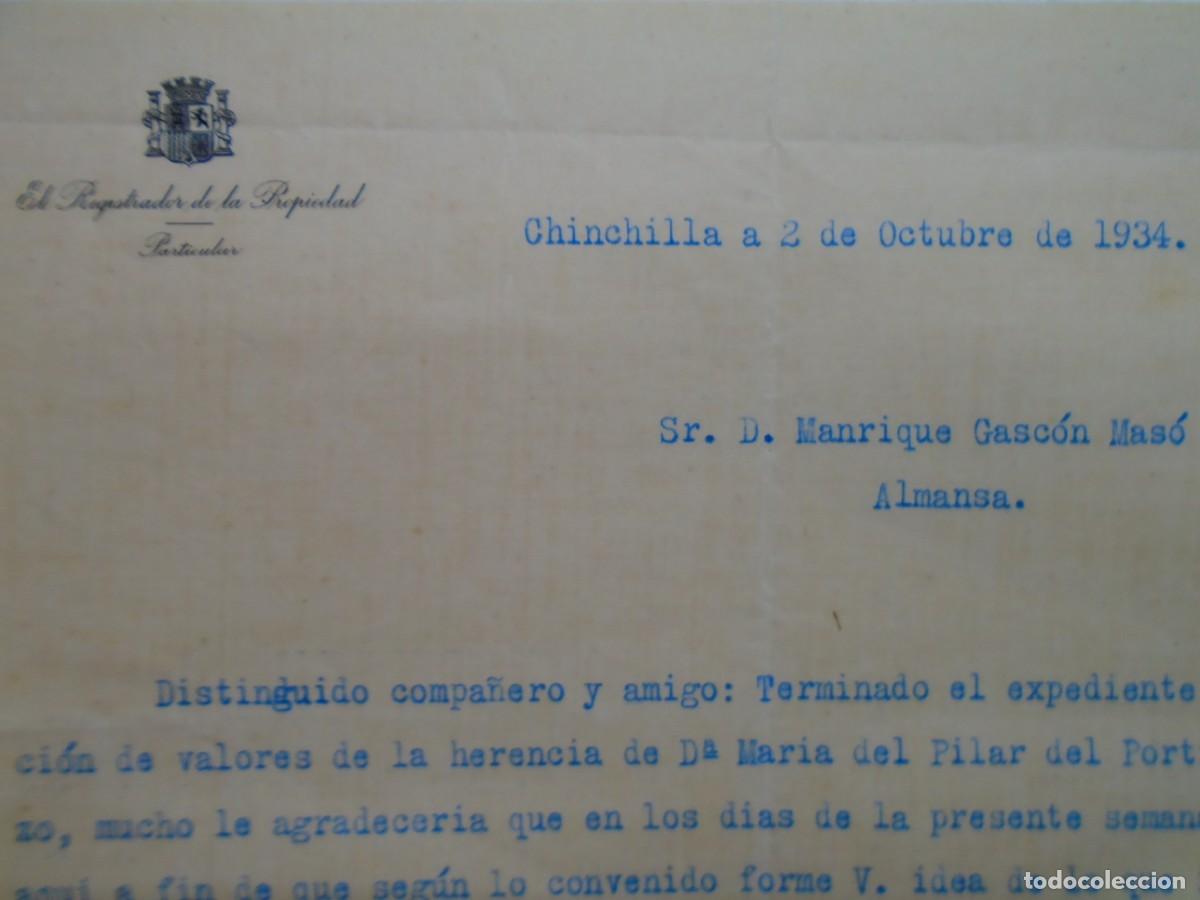 Coleccionismo: REPUBLICA.CHINCHILLA(ALBACETE)REGISTRADOR DE LA PROPIEDAD,CARTA DE 1934.