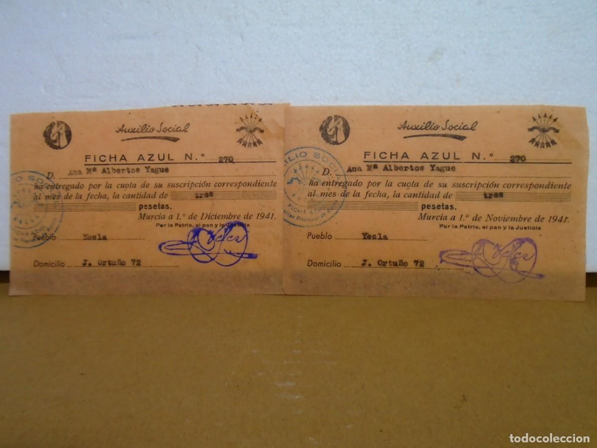 Coleccionismo: YECLA(MURCIA)AUXILIO SOCIAL.RECIBOS(2) DE 1941.