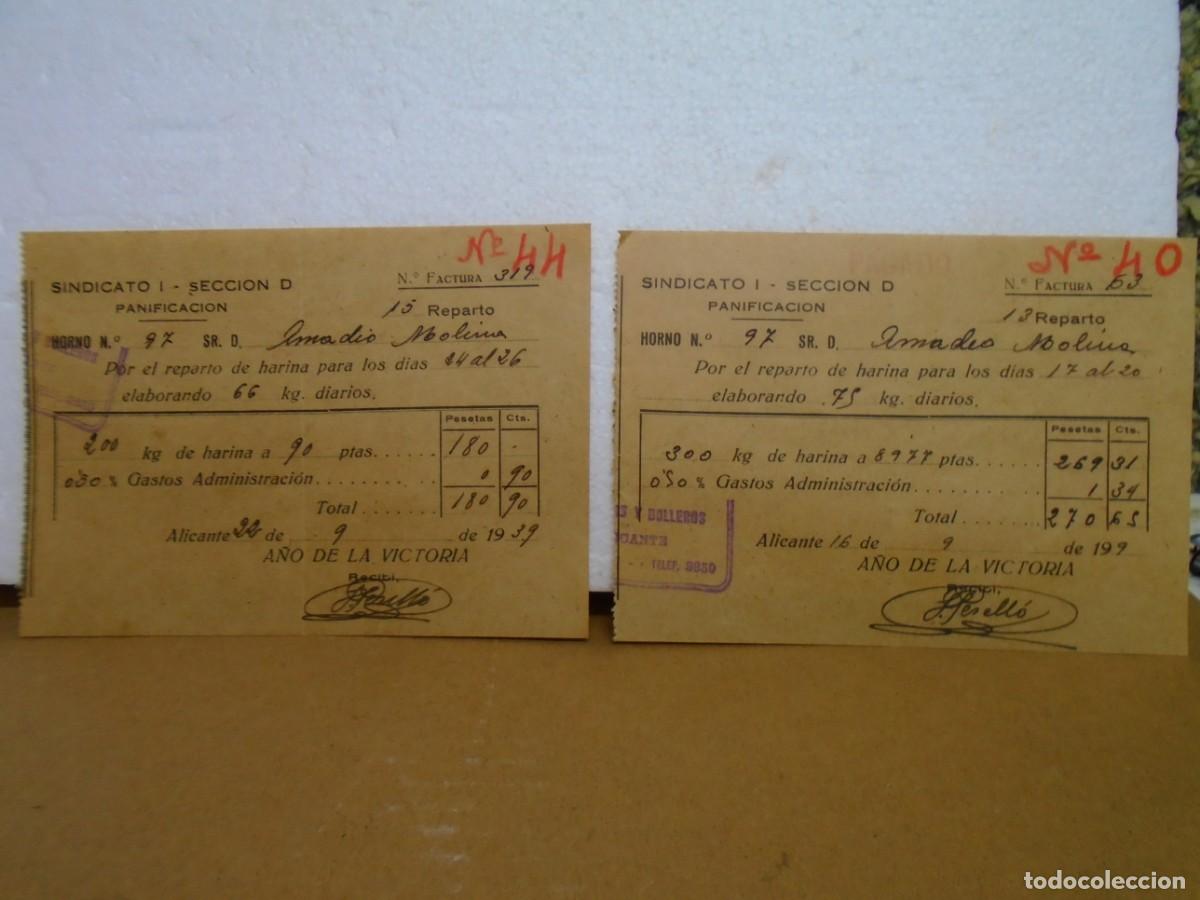 Coleccionismo: ALICANTE.SINDICATO DE PANADEROS.A&Ntilde;O DE LA VICTORIA.RECIBOS(2) DE 1939.
