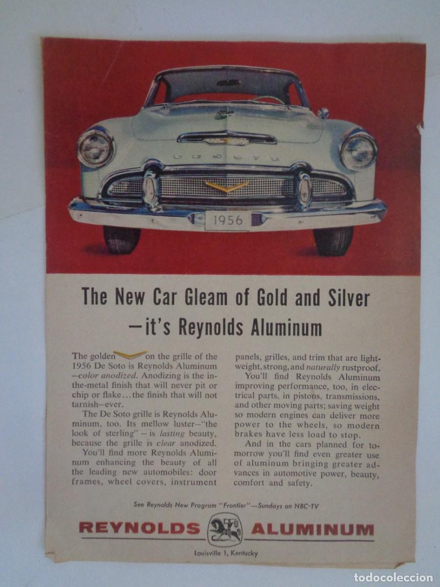 Coleccionismo: HOJA DE REVISTA CON ANUNCIO DE ALUMNIO REYNOLDS CON COCHE DE EPOCA DESOTO . ESTADOS UNIDOS 1956