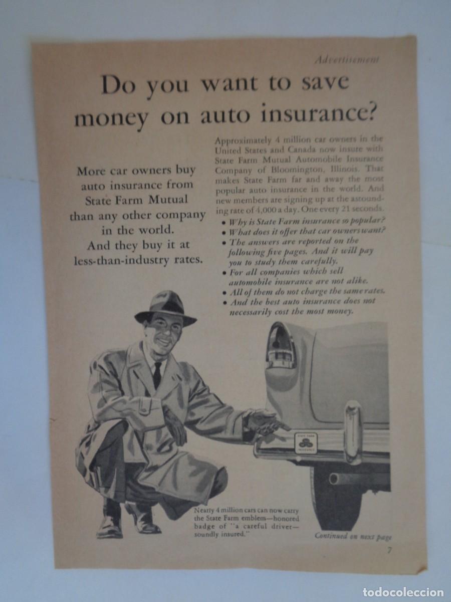 Colecionismo: HOJA DE REVISTA CON ANUNCIO DE SEGUROS PARA EL COCHE, ESTADOS UNIDOS A&Ntilde;OS 50. EN INGLES