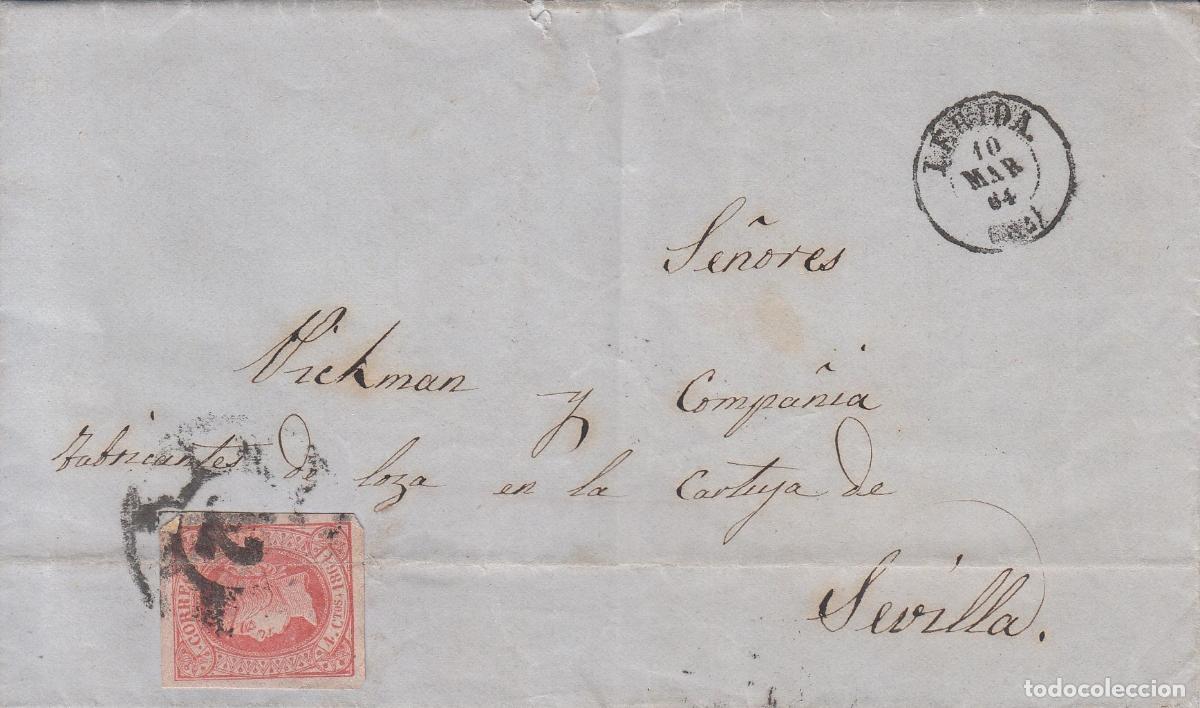 Coleccionismo: CRCAR081 CARTA COMPLETA DE LERIDA A SEVILLA CON SELLO N&ordm; 64. MATASELLO RUEDA DE CARRETA 32.