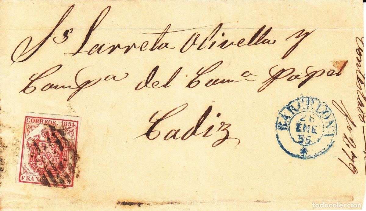Coleccionismo: CRCAR082 FRONTAL DE CARTA DE BARCELONA A CADIZ, CON SELLO N&ordm; 33A (PAPEL AZULADO). FECHADOR AZUL