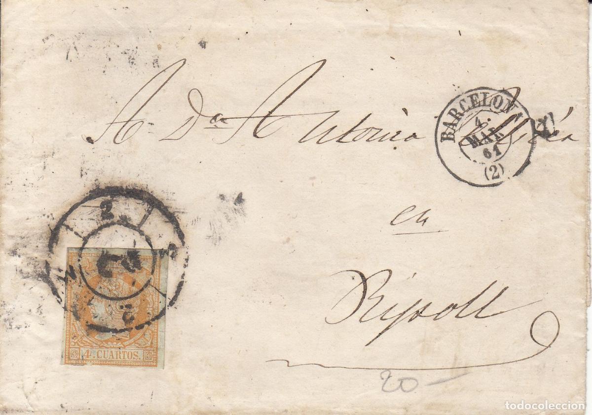 Coleccionismo: CRCAR100 ENVOLTURA DE CARTA DE BARCELONA A RIPOLL, CON SELLO N&ordm;52. RUEDA DE CARRETA N&ordm; 2 Y FECHADOR
