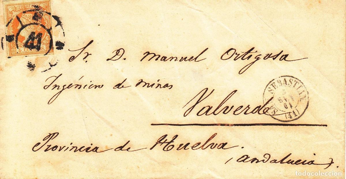 Coleccionismo: CRCAR101 ENVOLTURA DE CARTA DE SAN SEBASTIAN A VALVERDE (HUELVA) CON SELLO N&ordm; 52. RUEDA DE CARRETA