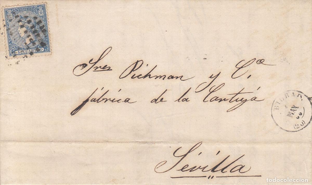 Coleccionismo: CRCAR109 CARTA COMPLETA DE BILBAO A SEVILLA CON SELLO N&ordm; 81. MATASELLO PUNTOS DE BILBAO Y FECHADOR