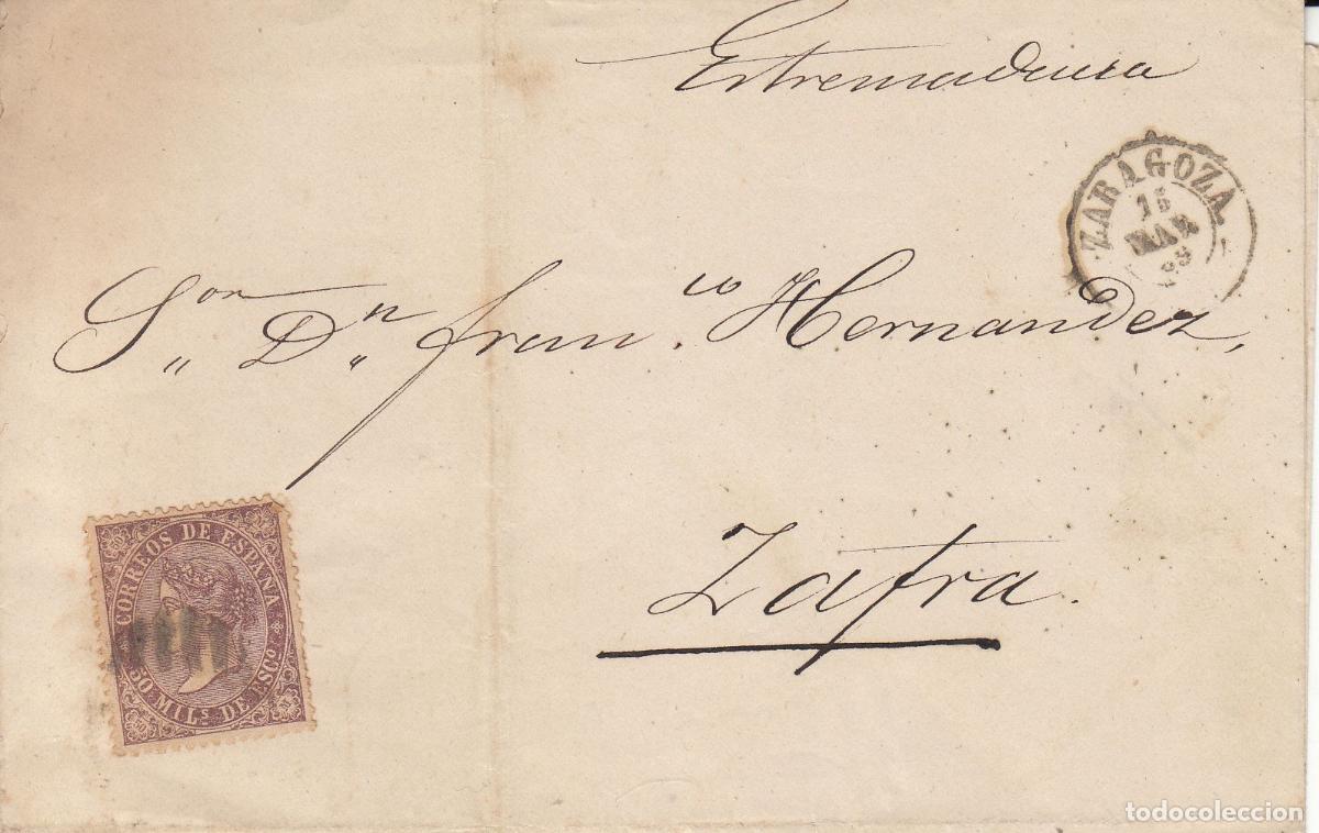 Coleccionismo: CRCAR113 ENVOLTURA DE CARTA DE ZARAGOZA A ZAFRA, CON SELLO N&ordm; 98. PARRILLA NUMERADA Y FECHADOR