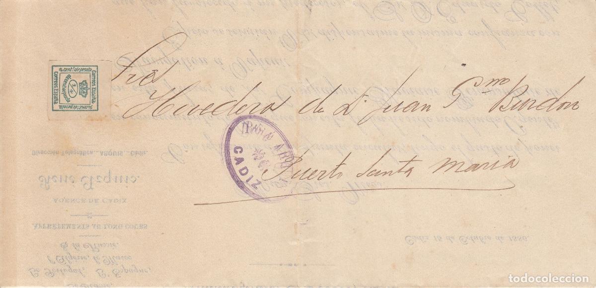 Coleccionismo: CRCAR126 PRECIOSA CARTA COMERCIAL DE CADIZ A PTO. STA. M&ordf; EN 1886. LLEVA 1-4 DEL SELLO N&ordm; 173.