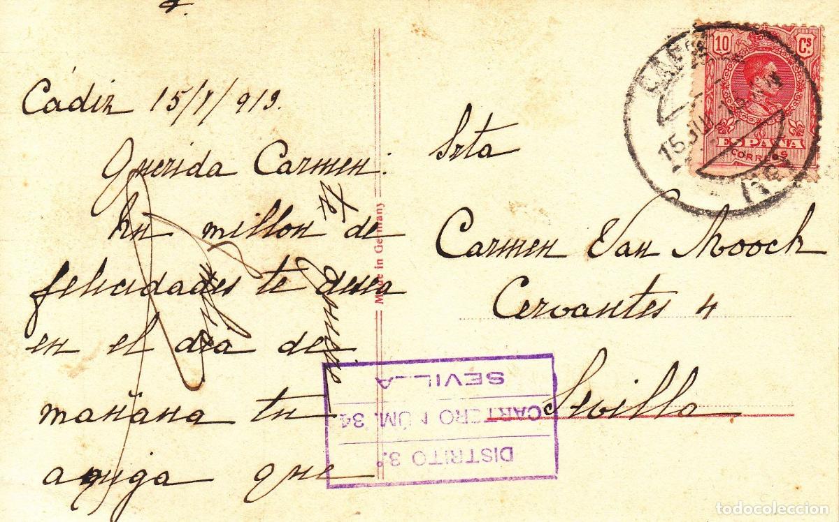 Coleccionismo: CRCAR149 TARJETA POSTAL DE CADIZ A SEVILLA CON SELLO N&ordm; 269. FECHADOR 16-07-13 MARCA RECTANGULAR
