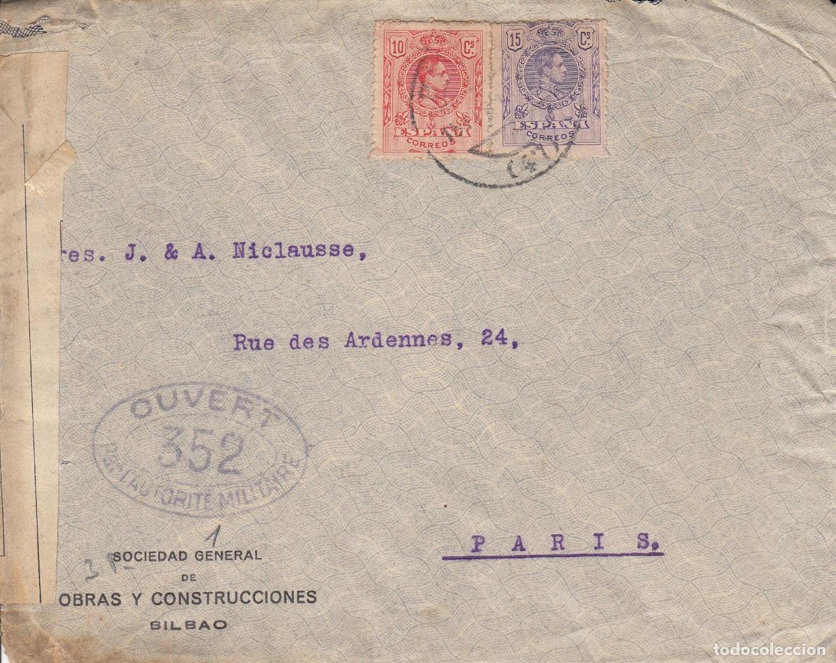 Coleccionismo: CRCAR151 SOBRE DE BILBAO A PARIS CON SELLOS N&ordm; 269 Y 270. CENSURA MILITAR N&ordm; 352 SE&Ntilde;AL DE HABER