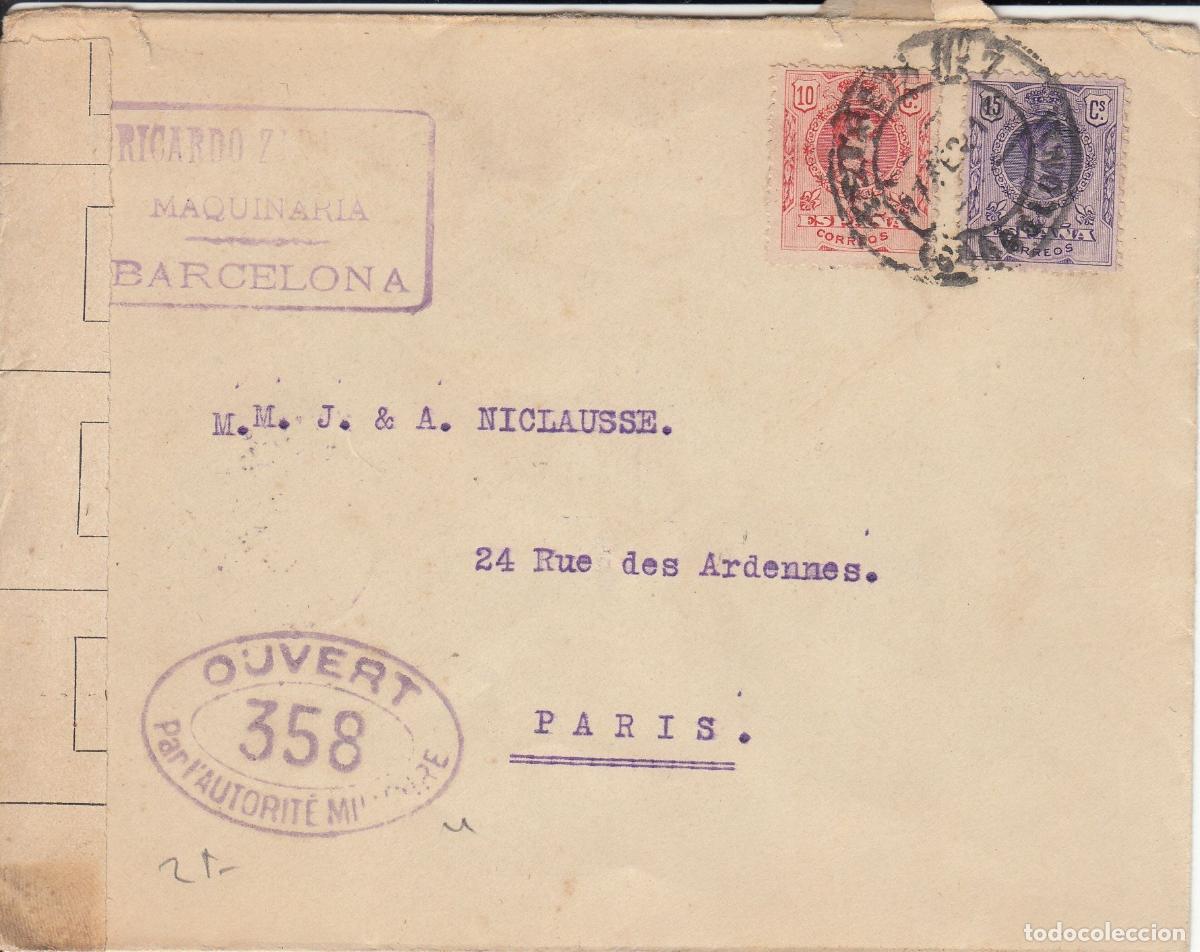 Collectionnisme: CRCAR153 SOBRE DE BILBAO A PARIS CON SELLOS N&ordm; 269 Y 270. CENSURA MILITAR N&ordm; 358 SE&Ntilde;AL DE HABER