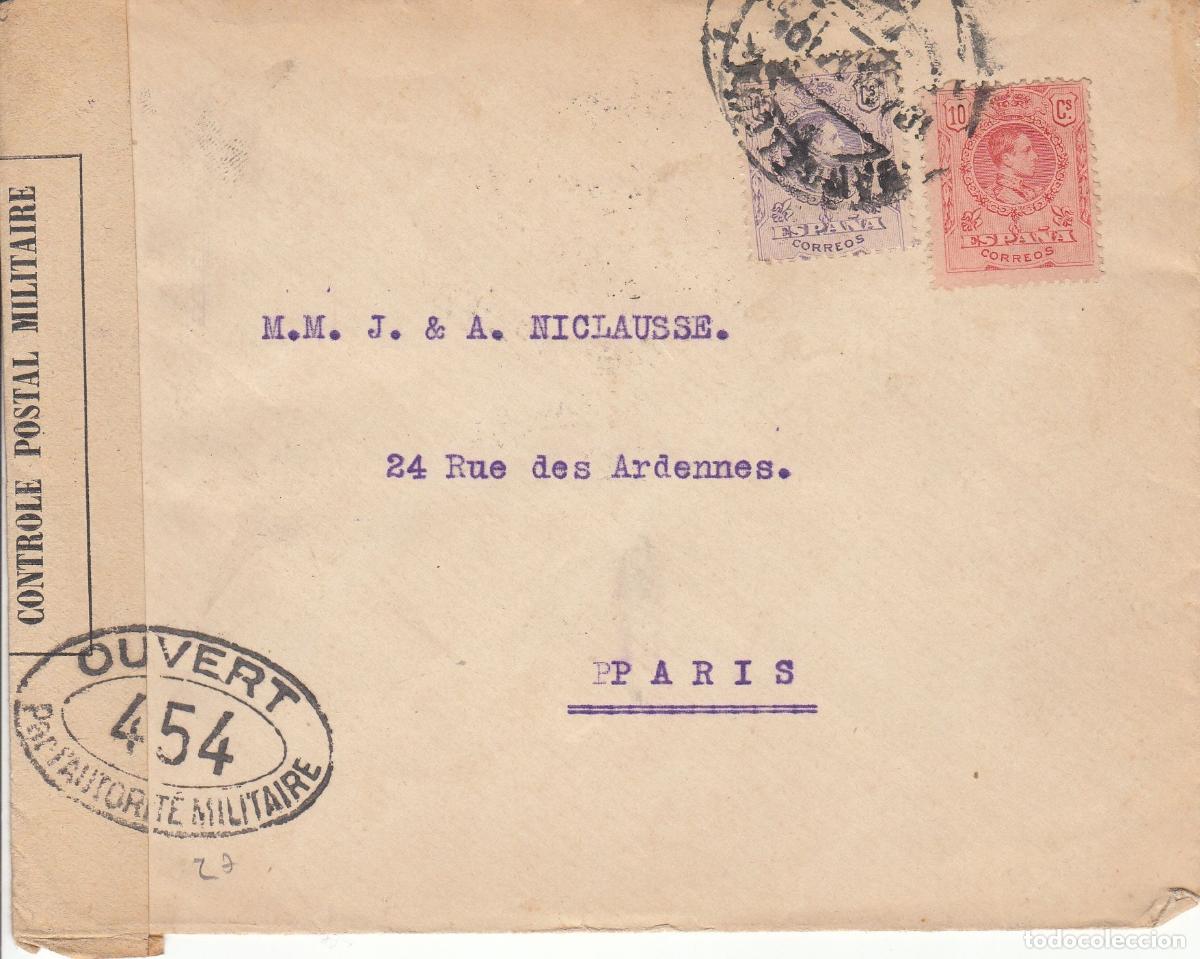 Collectionnisme: CRCAR154 SOBRE DE BILBAO A PARIS CON SELLOS N&ordm; 269 Y 270. CENSURA MILITAR N&ordm; 354 SE&Ntilde;AL DE HABER