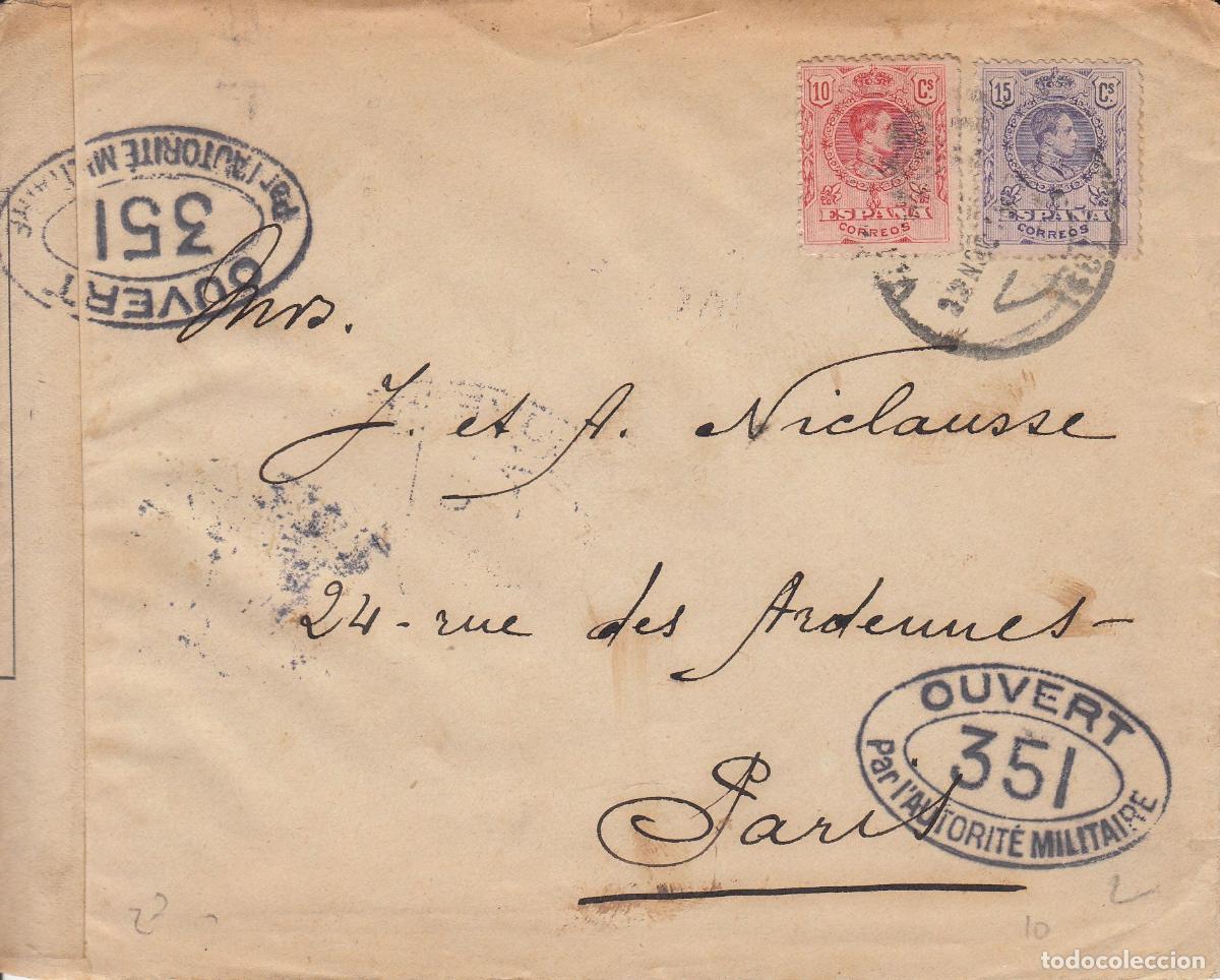 Collectionnisme: CRCAR156 SOBRE DE BILBAO A PARIS CON SELLOS N&ordm; 269 Y 270. CENSURA MILITAR N&ordm; 351 DE HABER SIDO