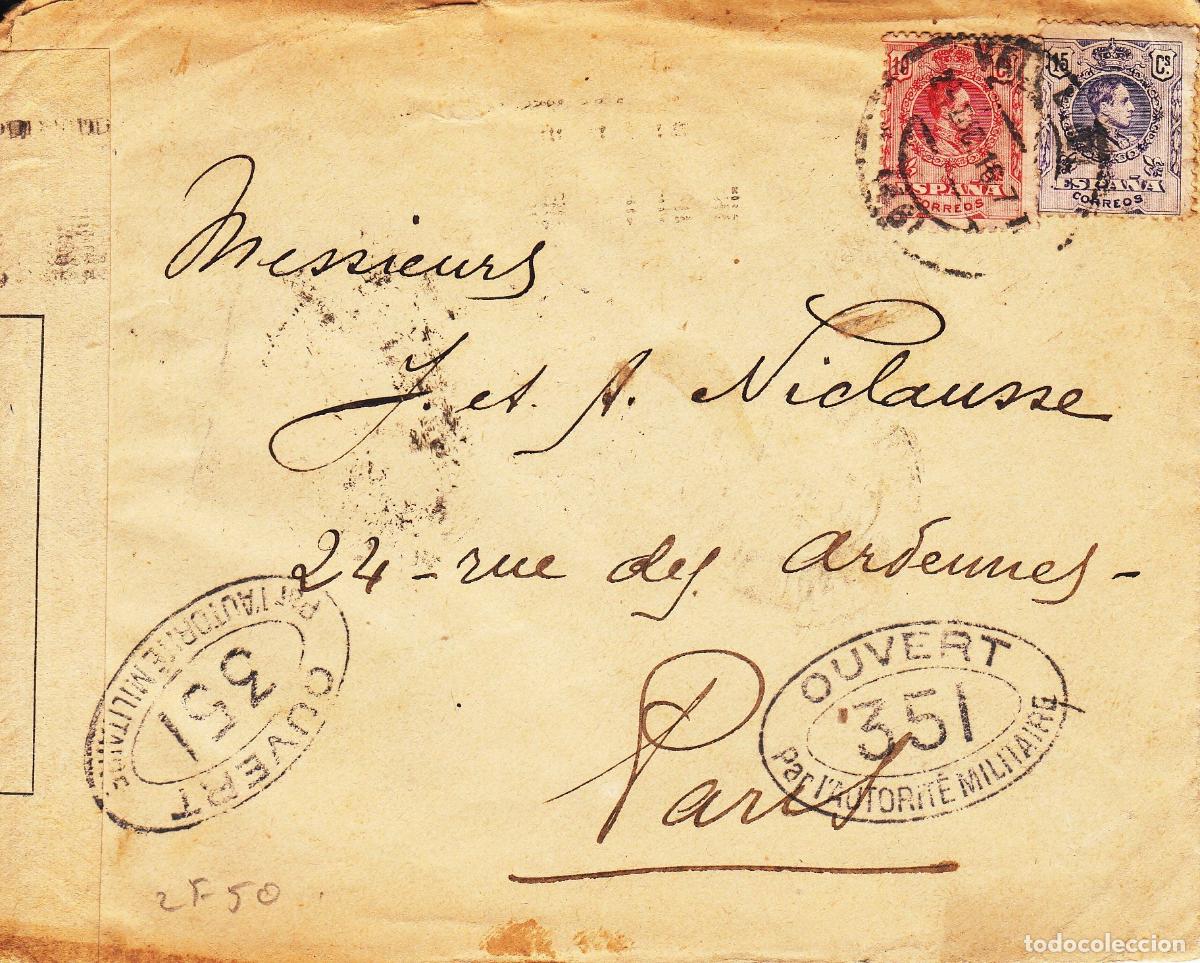 Collectionnisme: CRCAR157 SOBRE DE BILBAO A PARIS CON SELLOS N&ordm; 269 Y 270. CENSURA MILITAR N&ordm; 351 DE HABER SIDO
